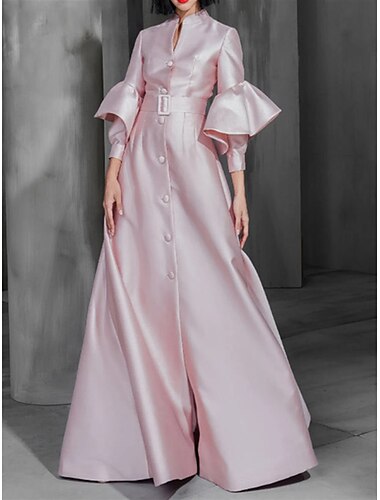  A-Linien Ballkleider Elegantes Kleid Hochzeitsgast Abschlussball Bodenlangen Langarm Stehkragen Satin mit Bänder  Schleifen Knöpfen Rüschen 2025