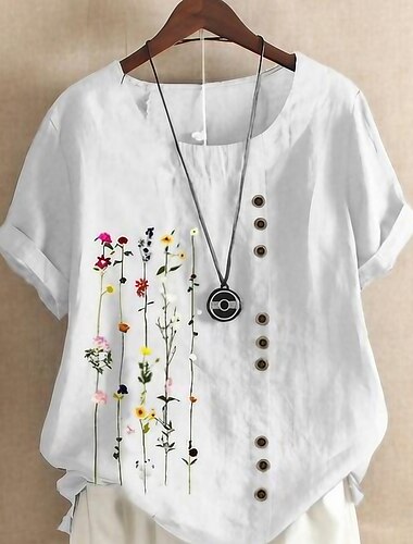  Women's Shirt Linen Shirt Blouse Floral Graphic Daily White Short Sleeve Vintage Casual Crew Neck Summer Spring