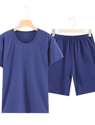  Men's Loungewear Sleepwear Pajama Set Pajama Top and Shorts 1 set Pure Color Fashion Soft Home Bed Cotton Lightweight Crew Neck Short Sleeve Shorts Basic Fall Spring Black Navy Blue