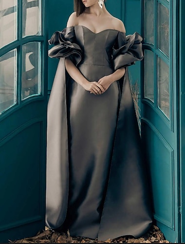  Säulenkleid Abendkleid Elegantes Kleid Hochzeitsgast formelle Abendgala Fußlänge Langarm Herz-Ausschnitt Satin mit Einfarbig 2025