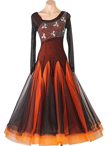  ボールルームダンス ドレス クリスタル / ラインストーン 女性用 訓練 性能 長袖 ハイウエスト メッシュ スパンデックス オーガンザ