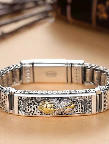  Bracelet Homme Le style rétro S925 argent sterling Lettre Punk Rétro Vintage Bracelet Bijoux Argent Rectangle pour Plein Air Cadeau
