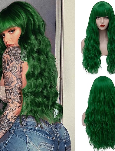  Langes lockiges Haar für Damen, Wellenperücke, lila Perücke mit Pony, synthetisches, hitzebeständiges Haar, volle Perücke, geeignet für tägliche Partys, Cosplay-Kostüme, St. Patrick's Day-Perücken