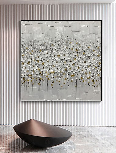  Handgefertigtes Ölgemälde auf Leinwand, Wandkunst, Dekoration, Palettenmesser, Malerei, weiße Blumen, für Wohnkultur, gerollt, rahmenlos, ungedehnt