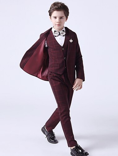  3 Stück Ring-Träger Anzug Jungen kinderkleidung Baby Anzug Formeller Anzug Anzug & Blazer Hosen-Set Formelles Set Party Besondere Anlässe Vintage Modisch Ausgefallene Plaid Schleife Rote Blau Grau