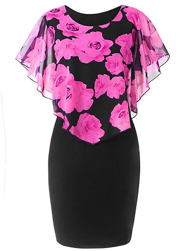  Vestido de fiesta curvo de talla grande para mujer, vestido floral con cuello redondo estampado sin mangas, minivestido vintage elegante de verano y primavera, vestido de trabajo formal