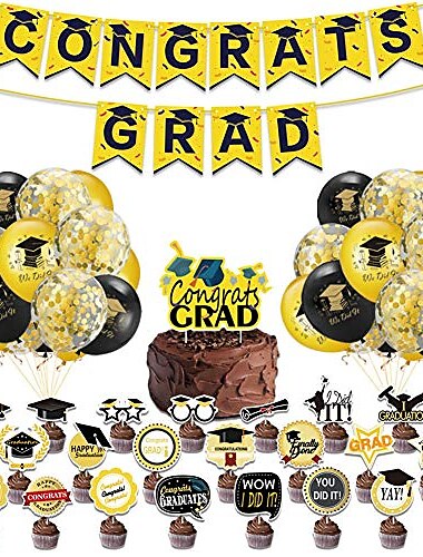  examensfesttillbehör, examensfestdekorationer svart och guld 48st, inkluderar grattis grad banner grad svart guld latexballonger guldkonfettiballonger examenstårta cupcake topper