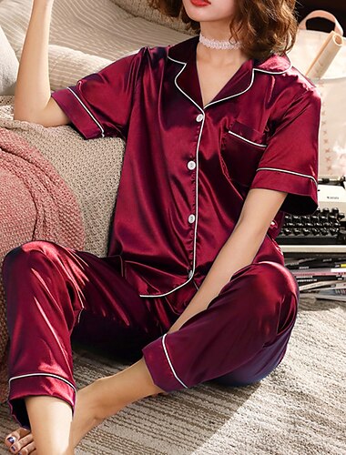  Mujer Pijamas Conjuntos 2 Piezas Color puro Moda Sencillo Confort Hogar Navidad Diario Satén Diseño Manga Corta Camisa Pantalón Cintura elástica Verano Primavera Plata Negro