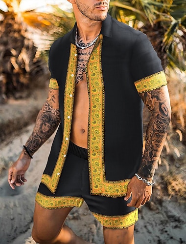  Herr Blommig 2st Skjortor Set Hawaii skjorta Kortärmad Korta byxor Nedvikt Mode Hawaiisk Ledigt Utomhus Semester Strand 3D-utskrift Button-Down Sommar Vår Guld + svart Svart Gul