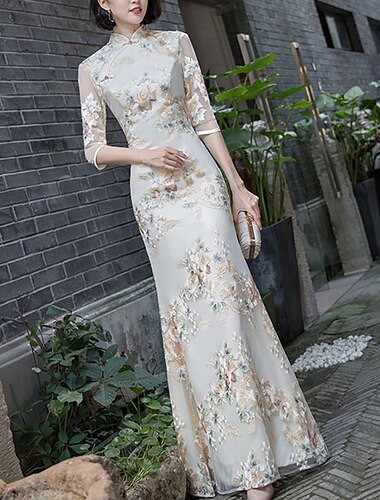  Sheath / Column Evening Gown Vintage Dress Wedding Guest Formal Evening Floor Length Half Sleeve High Neck Satin with Embroidery 2024