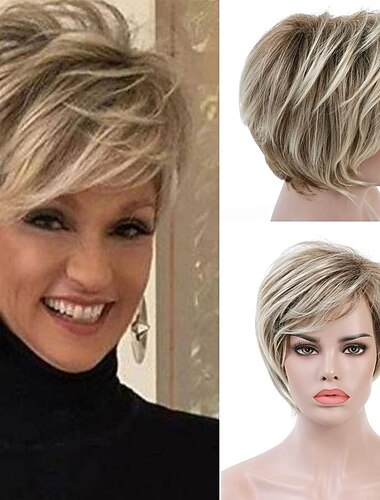  Perruques blondes pour femmes Perruque blonde courte pour femmes blanches Perruque brune synthétique mélangée de lutin en couches