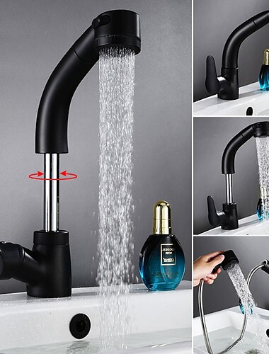  Robinet de lavabo de salle de bain noir mat bec rétractable corps relevable rotatif mitigeur d'eau chaude et froide monté sur le pont