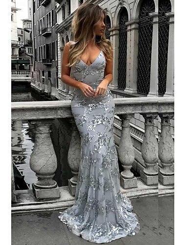  A sirena Abiti da ballo Brillante e glitterato Vestito Formale Invitati del matrimonio Strascico a terra Senza maniche A V Di pizzo con Lustrini 2024