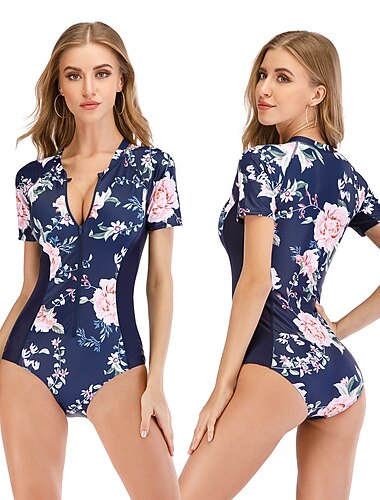  Per donna Top sottomuta Costume da bagno Protezione solare UV Traspirante Asciugatura rapida Manica corta Body Costume da bagno Zip frontale Nuoto Surf Spiaggia Sport acquatici Floreale Estate