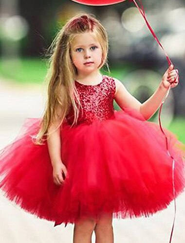  Kinder Kleinkind Mädchen Kleid Einfarbig Ärmellos Leistung Party Ferien Pailletten Basic Schön Süß Acryl Sommer Rosa Rote