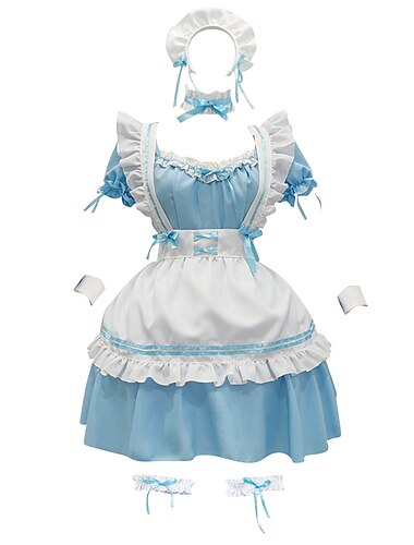  Lolita Hausmädchenuniform Lolita nette Art Kleid Damen Japanisch Cosplay Kostüme Hellrosa / Rot / Leicht Blau Volltonfarbe Kurzarm Kurz / Mini / Schürze / Schürze