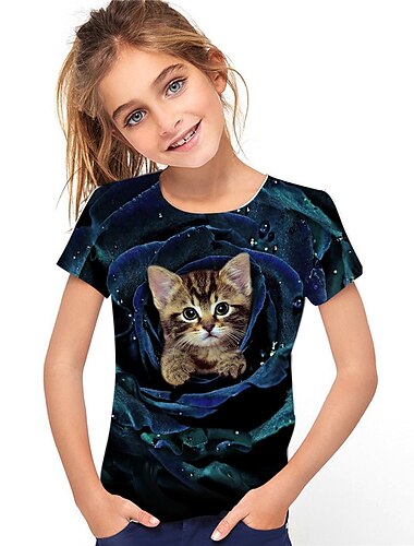  Para Meninas 3D Animal Gato Camisa Manga Curta Impressão 3D Verão Primavera Ativo Moda Estilo bonito Infantil 3-12 anos Ao ar livre Diário Interior Normal