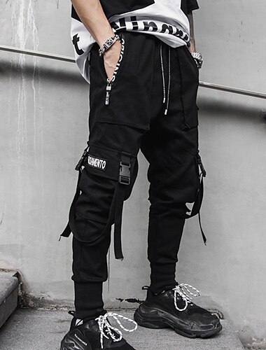 Herr Militärbyxor Cargo byxor Joggare Långbyxor Harem byxor Elastisk midja Spännrem Slät Fullängd Nattklubb Helgen Mode Streetwear Lös passning Svart