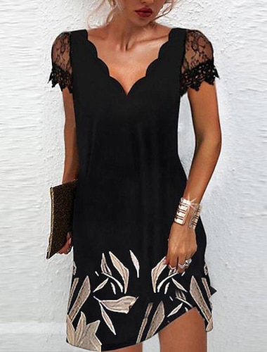  damen Etuikleid Knielanges Kleid Weiß Schwarz Rosa Kurzarm Blumen Spitze Druck Frühling Sommer V-Ausschnitt Stilvoll Freizeit Modern Loose 2023 S M L XL XXL 3XL
