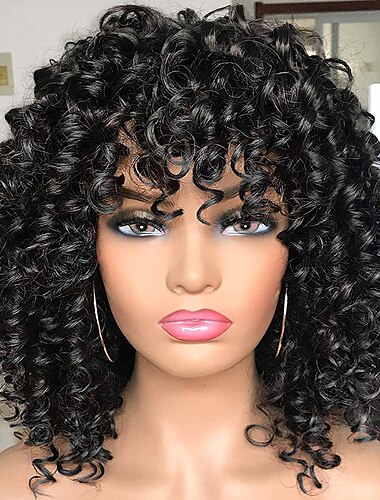  pelucas negras para mujeres pelucas afro rizadas más bonitas con flequillo para mujeres peluca rizada negra de aspecto natural para uso diario (1b negro natural))