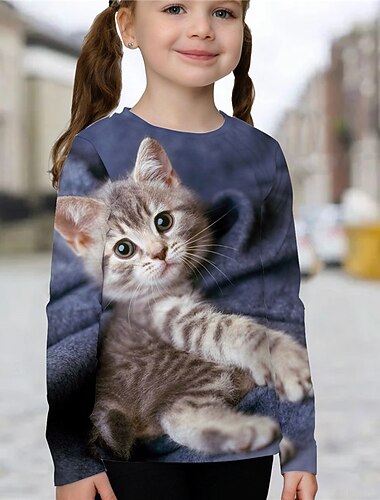  Da ragazza 3D Animali Gatto maglietta Manica lunga Stampa 3D Estate Primavera Autunno Attivo Sportivo Di tendenza Bambino 3-12 anni Esterno Giornaliero Al coperto Standard