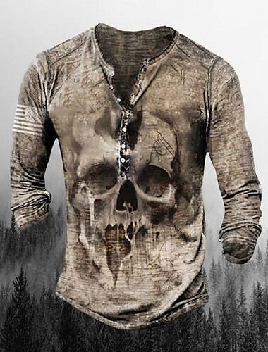  Voor heren T-shirt Henley-shirt Grafisch Doodskoppen Henley Leger Groen Bruin Khaki Grijs Grote maten Straat Casual Lange mouw Button-omlaag Afdrukken Kleding Stijlvol Retro Vintage Basic