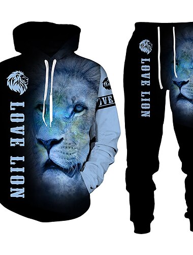  Herren Löwe Mit Tiermuster 2St 3D Sweatshirt-Sets Trainingsanzug Kapuzenshirts Langarm Lange Hosen Sportbekleidung Lässig Täglich 1 2 3