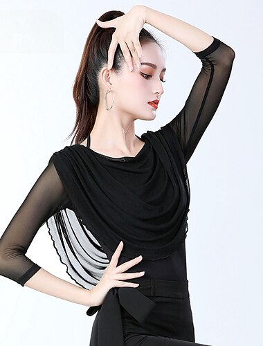  الرقص اللاتيني ألبسة رياضية بلايز لون نقي ربط نسائي التدريب أداء 3/4 الكم ارتفاع عال خليط قطن