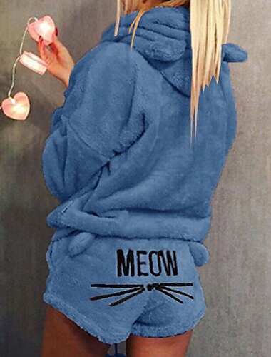  Damen Loungewear Trainingsanzug-Sets 2-teilig Tierkatze Warmer Plüschkomfort Home Street Täglicher Fleece-Kapuzenpullover Langarm-Kapuzenpullover Shorts Elastischer Bund Fa Home Outfits