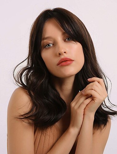  Dark Brown Wigs for Women Blonde Highlights Wig Natural Looking Short Wavy Bob Wig with bangs Medium Length Heat Resistant Synthetic Wig Daily Party Use