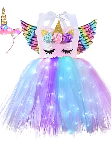 kinder mädchen led leuchtend einhorn tutu kleid geburtstag leistung gerüscht mesh patchwork lila regenbogen hellblau baumwolle über dem knie ärmellos kostüm niedlich kleider herbst sommer