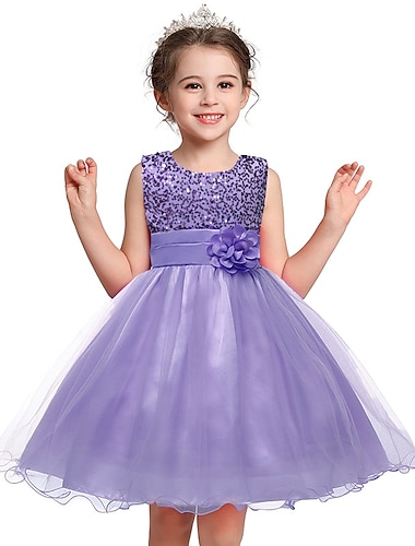  Kids Little Girls' Dress Floral Solid Colored Flower Tulle Dress Party Sequins Layered Purple Fuchsia Pink Sleeveless Princess Sweet Dresses Fall Spring Slim 3-12 Years