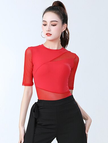  الرقص اللاتيني ألبسة رياضية بلايز لون نقي ربط نسائي التدريب أداء نصف كم ارتفاع عال نايلون