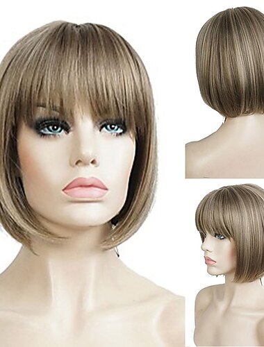  Graue Perücken für Frauen, synthetische Perücke, natürlicher gerader Bob mit Pony, Perücke, blond, hellgolden, rosa, blond, braun, weiß, 35,6 cm, für tägliche Party, Weihnachtsfeier-Perücken,
