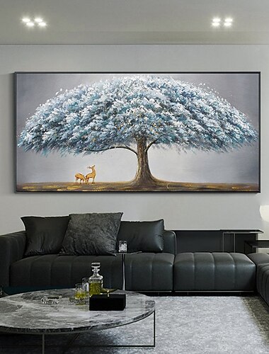  Handgefertigtes Ölgemälde auf Leinwand, Wandkunst, Dekoration, abstrakte Landschaftsmalerei, der Sikahirsch unter dem Baum, für Wohnkultur, gerolltes, rahmenloses, ungedehntes Gemälde