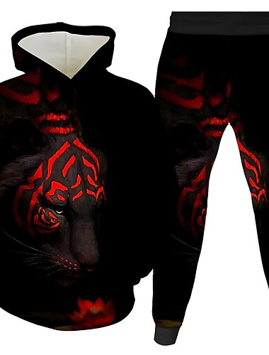  Unisex 3D Grafisk Tiger Hættetrøje & Bukser Buksesæt Hættetrøjesæt Langærmet Forår Efterår Vinter Sport Daglig Polyester Børn 3-12 år udendørs Sport Løstsiddende