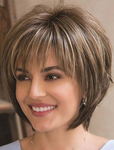  pixie cut lagdelte korte brune parykker med smell rett syntetiske parykker for hvite kvinner (blond blandet brun)