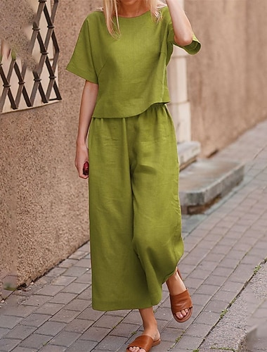 Women's Loungewear 2 Piece Linen Sets Solid  Color Crew Neck  Lounge Set Short Tops with Long Pants Spring Summer