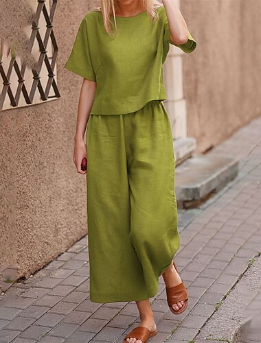  Ropa de salón para mujer, conjuntos de lino de 2 piezas, conjunto de salón de cuello redondo de color sólido, tops cortos con pantalones largos, primavera verano