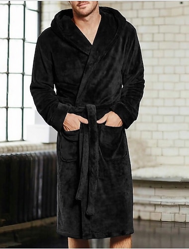 Hombre Talla Grande Pijamas Túnica Albornoces Pijama Color puro Cálido Felpa Hogar Cama Vellón Franela Templado Manga Larga Sudadera Invierno Otoño Negro Rojo