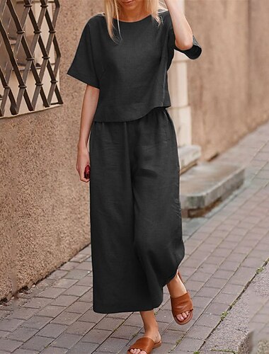  Damen Loungewear Nachthemd Zweiteiler Mode Einfach Komfort Reine Farbe Elastische Taille Basic Baumwolle Leinen Sets T-Shirt Hose Home St. Patrick's Day Street Kurzarm Rundhalsausschnitt Schwarz Hellgrün Blau