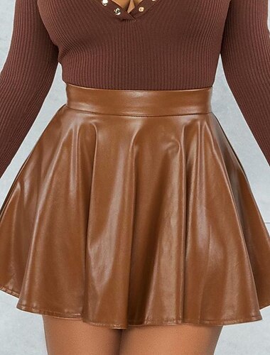  Mujer Falda Moda Disfraces de Carnaval Damas Mini Faldas Color sólido Plisado Carnaval Reunión de Antiguos Alumnos Negro Rojo Marrón Primavera & Otoño Poliuretano Cuero
