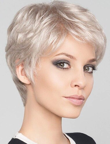  ασημένιες περούκες για γυναίκες κοντές pixie cut ξανθό μείγμα λευκές περούκες για λευκές γυναίκες αφράτη συνθετική περούκα ανθεκτική στη θερμότητα καθημερινό αποκριάτικο πάρτι χρήση μαλλιών πλήρης