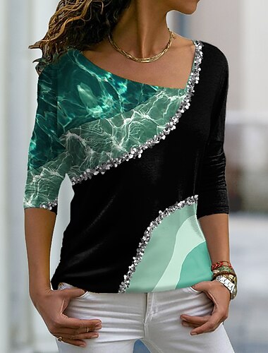  Damen T Shirt Rosa Blau Purpur Farbblock Frucht Bedruckt Langarm Täglich Wochenende Basic V Ausschnitt Standard Abstrakt Farbe Übergröße S