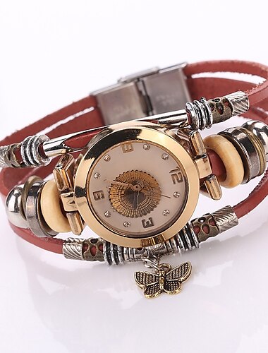  Women Premium Leather Watch Triple Bracelet Watch Butterfly Charm Wristwatch Fashion Quartz Watch for Women Analog Quartz Casual