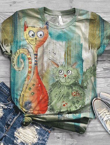  Damen T-Shirt Streetwear Preppy Cat Print Kurzarm Normale Oberteile Rundhals Ausgehen Wochenende Marineblau Blau Orange Grün Pfauenblau Sommer Frühling