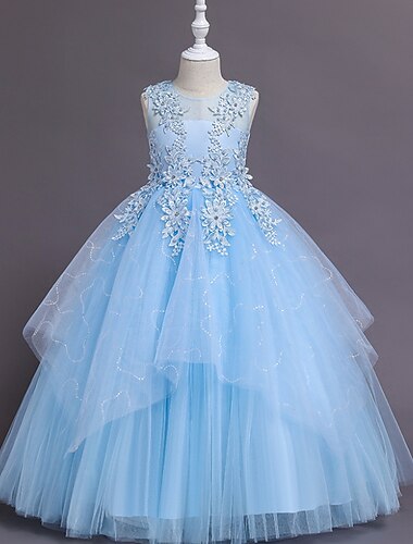  Kinder Mädchenkleid Blumen einfarbig A-Linienkleid Aufführung Hochzeit Party Rüschen Mesh Rosa Hellblau Weiß Maxi Ärmellos Niedlich Prinzessinnenkleider Sommer Herbst Normale Passform 3-12 Jahre