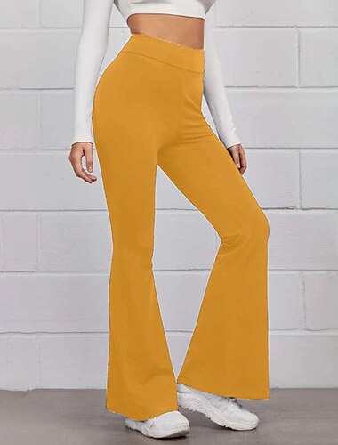  女性用 標準 ブーッカット フレア フレアパンツ ファッション 全長 ハイウエスト 平織り ワイドレッグ 履き心地よい マイクロエラスティック カジュアル 週末 ブラック イエロー ルビーレッド ブルー 夏 春 & 秋 レギュラー