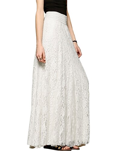  Langer Rock für Damen, gerader Maxirock mit hoher Taille, Spitze, Blumenmuster, einfarbig, Abschlussball, Urlaub, alle Jahreszeiten, elegant, Vintage, Mandel, Schwarz, Weiß