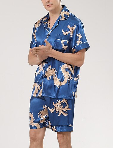  Herren Satin & Seide Schlafanzüge Schlafanzug Set Pyjama aus Seide 2 Stück Tier Einfarbig Modisch Casual Satin Heim Bett Kunstseide Polyester Kargen Kurzarm Kurze Hosen Grundlegend Frühling Sommer